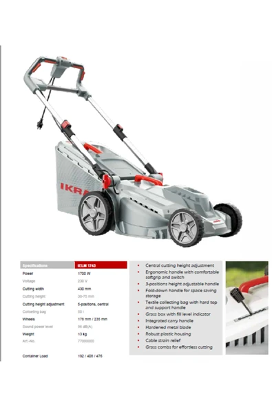 ,IKRA ELEKTRİKLİ ÇİM BİÇME MAKİNASI 1700 W BAKIR SARGILI - Resim 2
