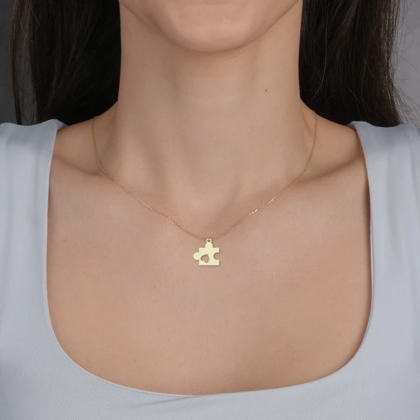 14 Ayar Altın Plakalı Yapboz ve Kalp Figürlü Yıl Dönümü Hediyesine Özel Altın Kolye-840 - Resim 2