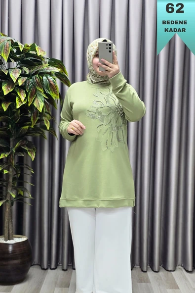 Kadın Giyim Büyük Beden Modal Taşlı Çiçekli Tunik - Resim 4