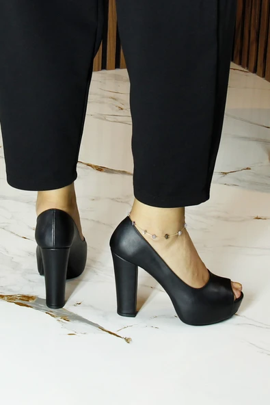 Erkan Saçmacı Carolina Siyah Vegan Önü Açık Yuvarlak Burun Kalın Platform Topuklu Abiye Ayakkabı - Resim 5