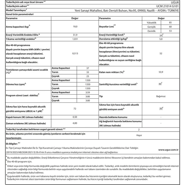 Uğur Ucm 21014 G101 A Enerji Sınıfı 10 kg 1350 Devir Çamaşır Makinesi - Resim 5