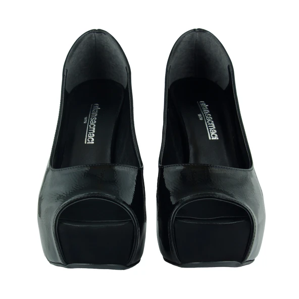 Erkan Saçmacı Carolina Siyah Rugan Önü Açık Yuvarlak Burun Kalın Platform Topuklu Abiye Ayakkabı - Resim 4