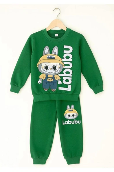 erkek çocuk labubu baskılı 3 iplik şardonsuz eşofman takımı ürün görseli 1