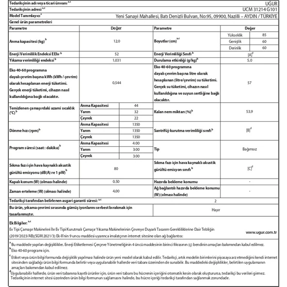 Uğur Ucm 31214 G101 12 kg Çamaşır Makinesi - Resim 5