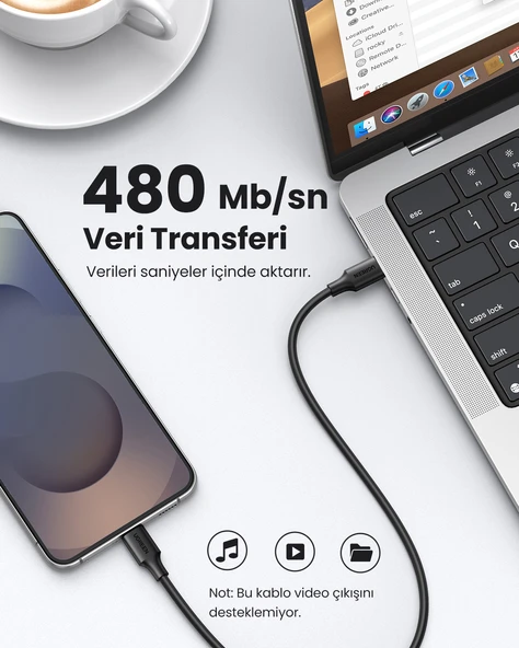 UGREEN USB-C 60W 3A QC PD Hızlı Şarj Kablosu, 0,5 Metre, Siyah, 50996 - Resim 4