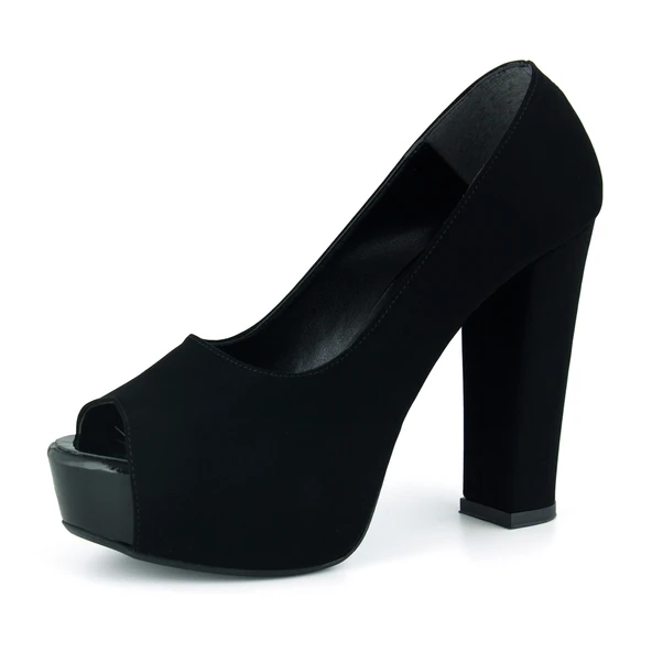 Erkan Saçmacı Carolina Siyah Süet Önü Açık Yuvarlak Burun Kalın Platform Topuklu Abiye Ayakkabı - Resim 4