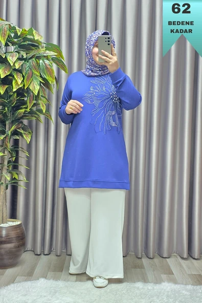 Kadın Giyim Büyük Beden Modal Taşlı Çiçekli Tunik - Resim 10