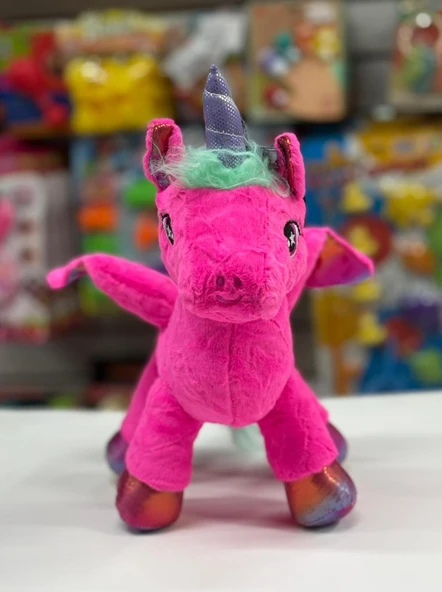 Oyuncak Peluş Kanatlı Unicorn Tek Boynuzlu At Fuşya Koyu Pembe 30 CM - Resim 2