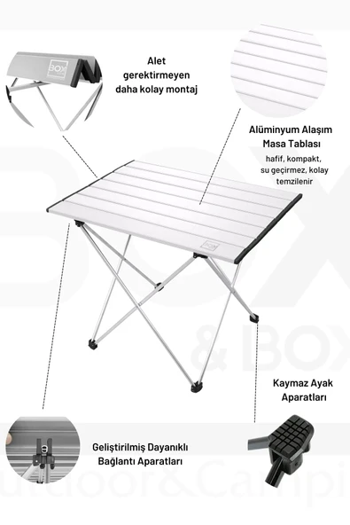Box&Box Alüminyum, Katlanabilir Kamp ve Piknik Masası, Omuz Askılı Taşıma Çantasıyla, Small, Gri - Resim 2
