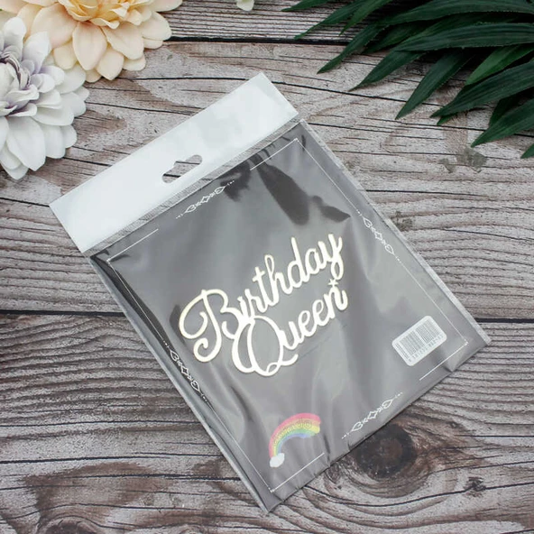 Pasta Önü Pleksi Birthday Queen Yazı Gold 10x6 cm - Resim 2