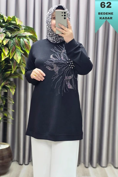 Kadın Giyim Büyük Beden Modal Taşlı Çiçekli Tunik ürün görseli