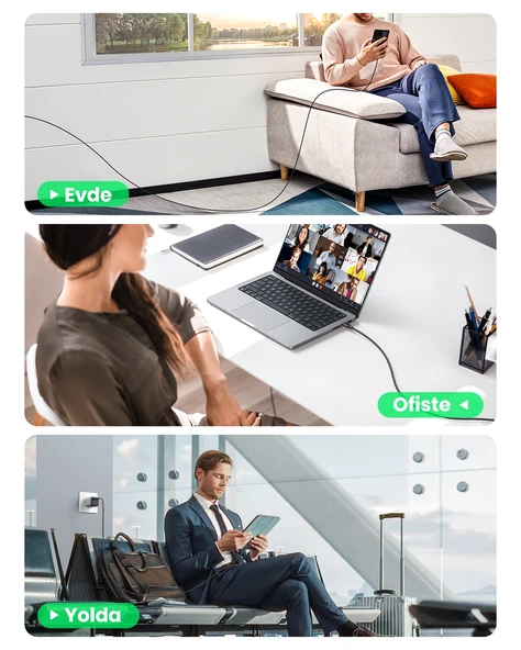 UGREEN USB-C 60W 3A QC PD Hızlı Şarj Kablosu, 0,5 Metre, Siyah, 50996 - Resim 9