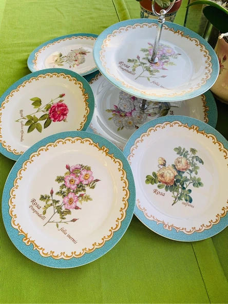 Londra'dan Vintage Bone China Kemik Porselen Çiçek Desenli 4 Kişilik Çok Renkli Pasta Tabakları ve Sunum Standı Seti - Resim 2