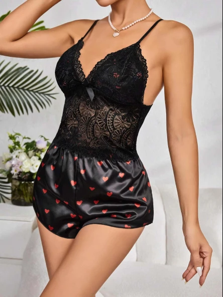Kadın Siyah Kırmızı Kalp Desenli Saten Şort Pijama Takımı 2232 - Resim 3