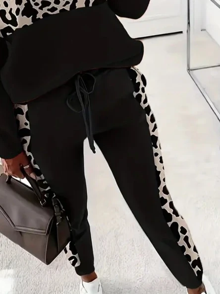 Kadın Uzun Kollu Fermuarlı Karışık Desenli Viskon Iki Iplik Bluz Ve Pantolon Ikili Takım - Resim 3