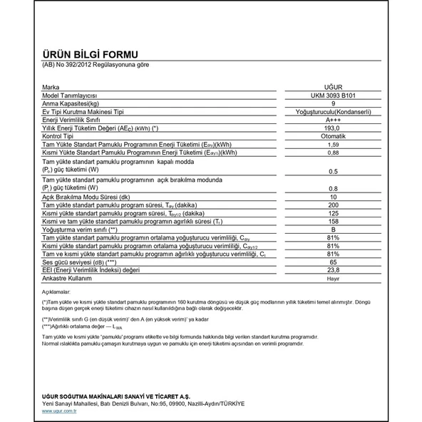 Uğur Ukm 3093 B101 9 kg Çamaşır Kurutma Makinesi - Resim 5