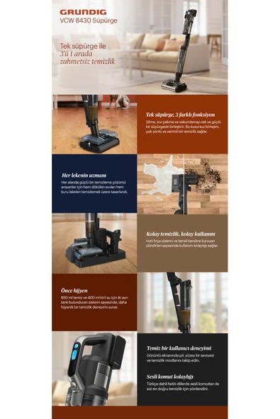 VCW 8430 Islak ve Kuru Şarjlı Dikey Süpürge Antrasit Gri - Resim 6