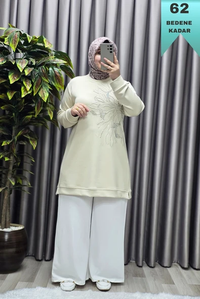 Kadın Giyim Büyük Beden Modal Taşlı Çiçekli Tunik - Resim 8