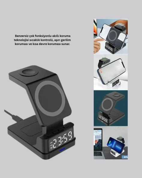 Kablosuz Şarj İstasyonu ve Dijital Saat – Apple Uyumlu, 3 Kademeli Işık Ayarı - Resim 4