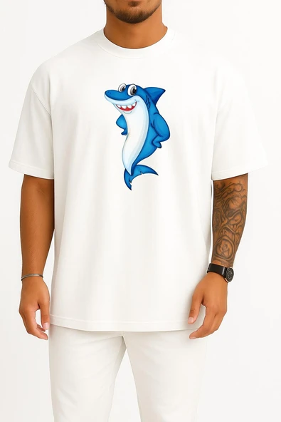 Oversize Great White Shark Bull Shark Göğüs Tasarımlı Unisex T-Shirt - Resim 7