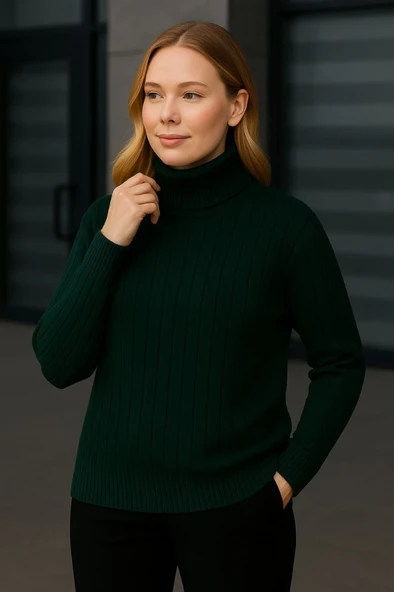 Balıkcı Yaka Bağazlı Triko Kazak Pamuklu Kalın Fitilli Dokuma - Haki - Resim 2