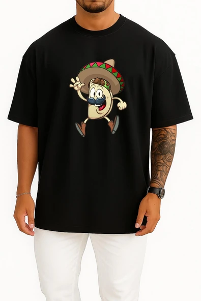 Oversize Taco Mexican Cuisine Cartoon Göğüs Tasarımlı Unisex T-Shirt - Resim 11
