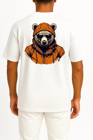 Oversize Kapşonlu Gözlüklü Ayı Sırt Tasarımlı Unisex T-Shirt ürün görseli