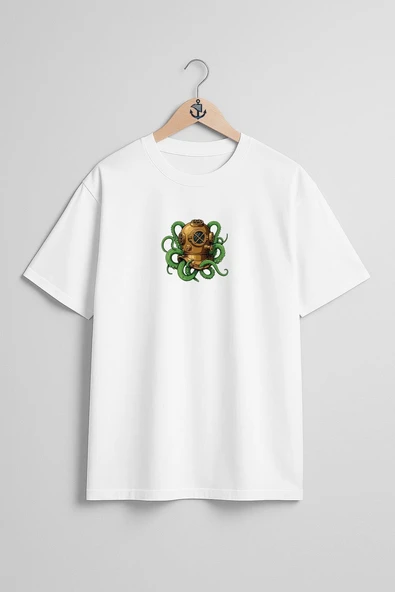 Oversize Octopus Dalgıç Diver Helmet Göğüs Tasarımlı Unisex T-Shirt - Resim 3