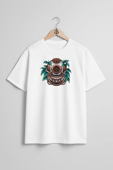 Oversize Dalgıç Diving Helmet With Plant İllustration Göğüs Tasarımlı Unisex T-Shirt ürün görseli