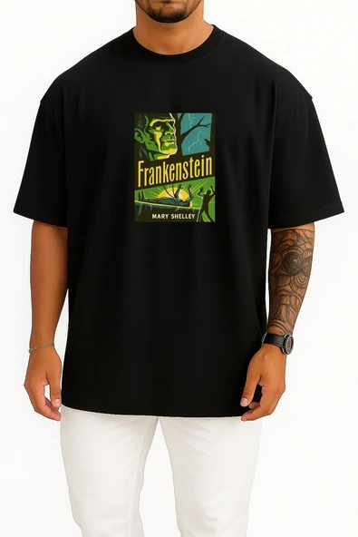 Oversize Frankenstein Mary Shelley Hallowen Göğüs Tasarımlı Unisex T-Shirt - Resim 9