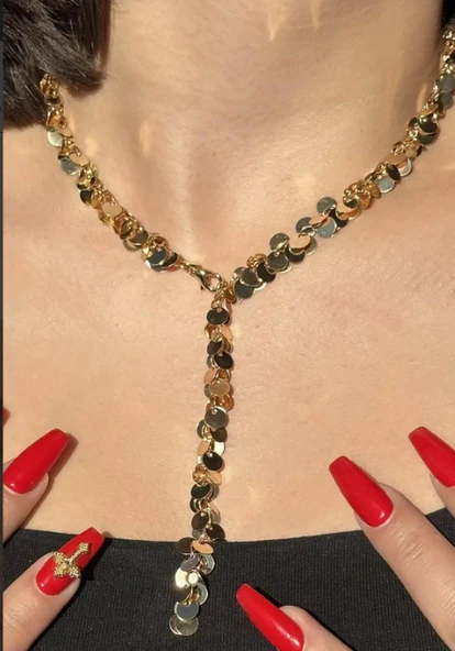 Altın Renk Saçaklı Çelik Y Kolye ürün görseli 1