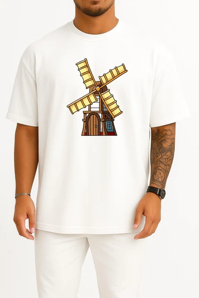 Oversize Kahverengi Ve Sarı Yel Değirmeni Göğüs Baskılı Unisex T-Shirt ürün görseli