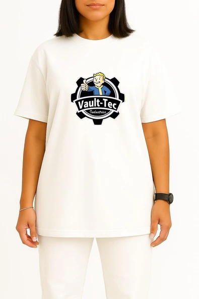Oversize Vault Tec İndustries Göğüs Tasarımlı Unisex T-Shirt - Resim 5