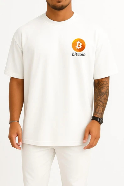 Oversize Logo Bitcoin Graphics Dark Web Bmp File Format Cep ve Sırt Tasarımlı Unisex T-Shirt - Resim 4