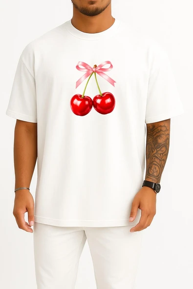 Oversize Cherry Kiraz Ve Kurdale Göğüs Tasarımlı Unisex T-Shirt ürün görseli
