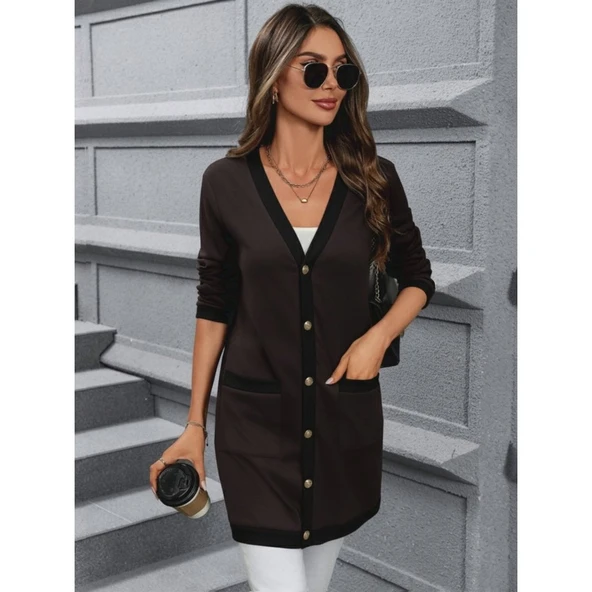 Lucky Life Kadın Uzun Kollu Cepli önden Düğmeli Uzun Modal Ceket - Resim 4