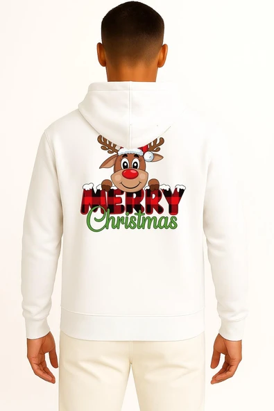 Kapüşonlu Merry Christmas Noel Geyiği Cep ve Sırt Baskılı Unisex Sweatshirt - Resim 2