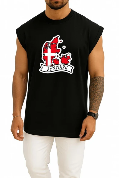 Oversize Danimarka Haritası Ve Bayrağı Göğüs Baskılı Atlet - Resim 11