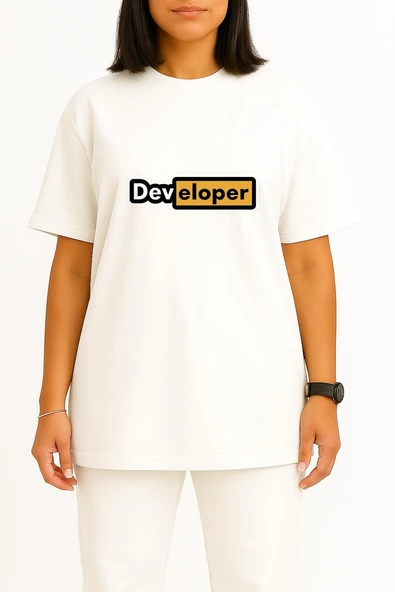 Oversize Developer Yazılımcı Göğüs Baskılı Unisex T-Shirt - Resim 5