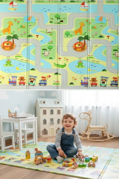 Wellgro Oyun Matı, 200x130x1 cm Çift Taraflı Katlanır Oyun Halısı ürün görseli 1