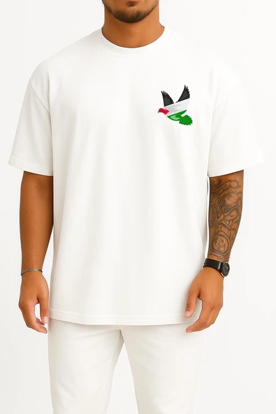 Oversize Barış Güvercini Filistin Cep ve Sırt Tasarımlı Unisex T-Shirt ürün görseli