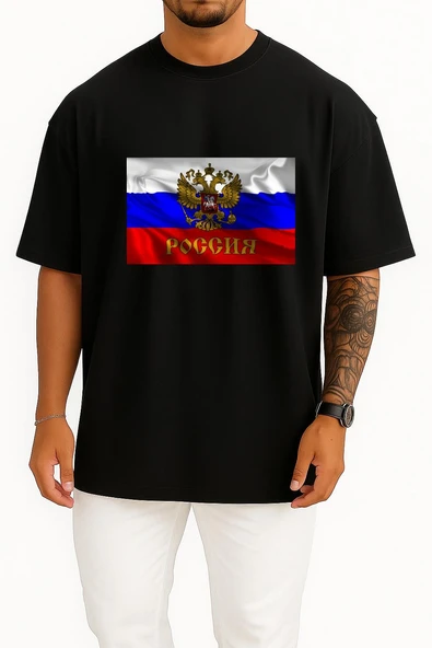 Oversize Russian Empire Flag Of Russia Coat Of Arms Of Russia Göğüs Tasarımlı Unisex T-Shirt - Resim 11