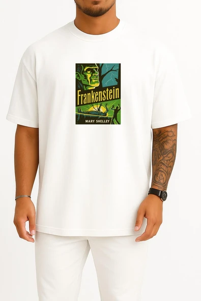 Oversize Frankenstein Mary Shelley Hallowen Göğüs Tasarımlı Unisex T-Shirt - Resim 5