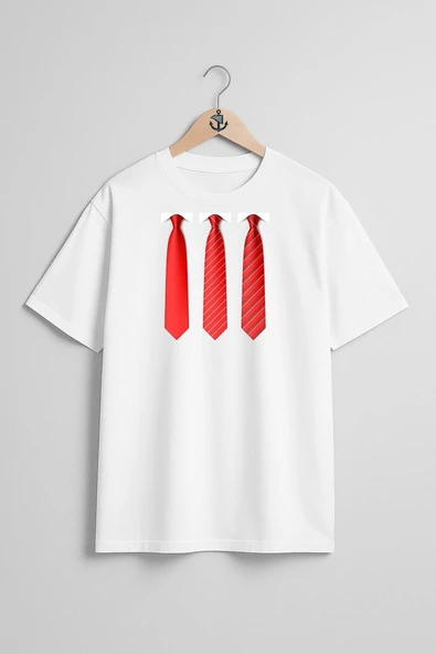 Oversize Üç Kırmızı-Beyaz Kravat Göğüs Tasarımlı Unisex T-Shirt ürün görseli 1