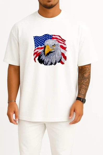 Oversize Amerika Kartalı Ve Amerika Bayrağı Göğüs Tasarımlı Unisex T-Shirt - Resim 10
