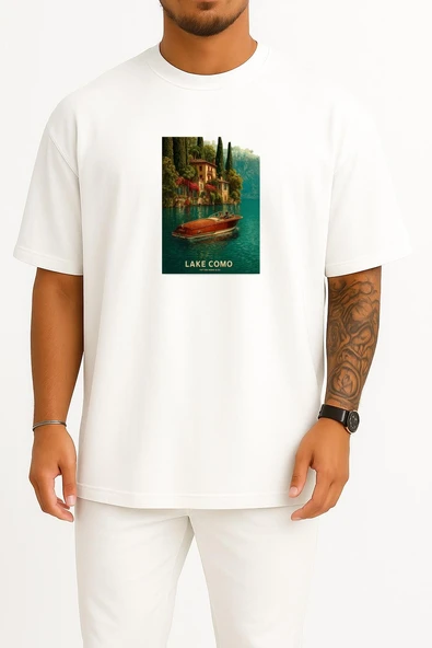 Oversize Lake Como İtalya Göğüs Tasarımlı Unisex T-Shirt ürün görseli