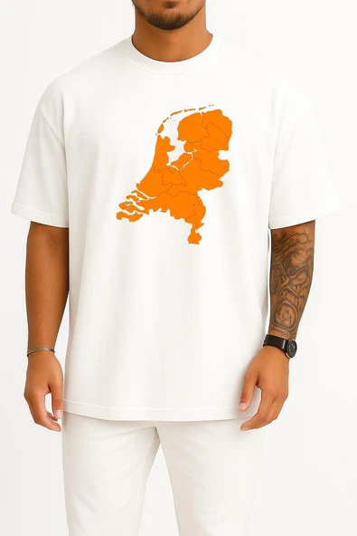 Oversize Netherlands Map Hollanda Ülke Haritası Göğüs Tasarımlı Unisex T-Shirt - Resim 3
