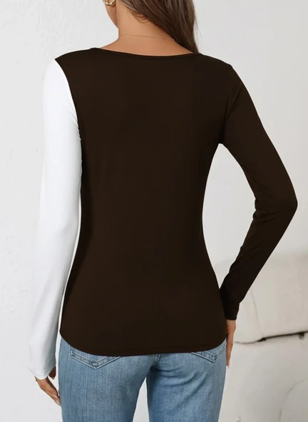 Lucky Life Kadın Uzun Kollu Geometrik Yaka Detaylı çift Renkli Viskon Bluz - Resim 3