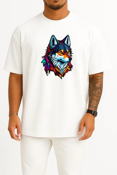 Oversize Wolf Face Logo Mascot Göğüs ve Sırt Tasarımlı Unisex T-Shirt - Resim 4
