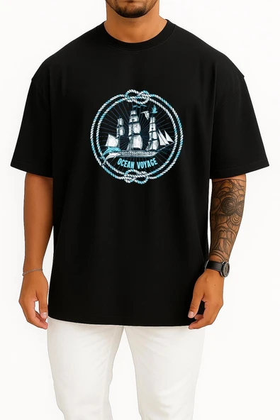 Oversize Ocean Voyage Göğüs Tasarımlı Unisex T-Shirt - Resim 3